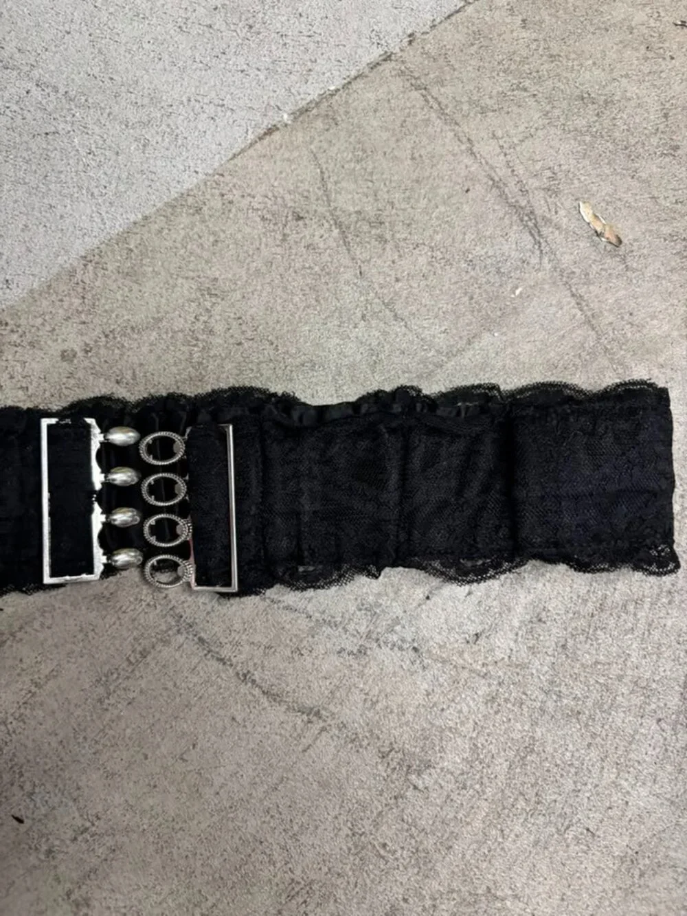 Women's Wide Black Lace Elastic Waist Belt with Silver Interlocking Buckle (A1)
